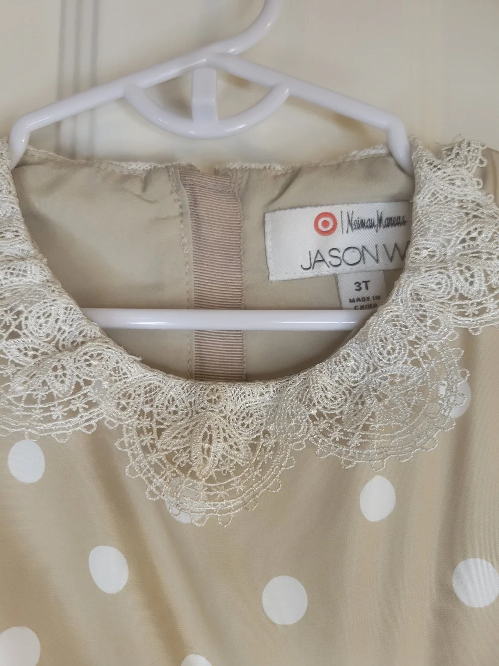Nieman Marcus Beige Polka Dot Dress with Lace Collar